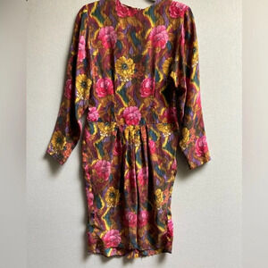 Vintage Pat Argenti 100% silk floral  midi dress Sz 6
